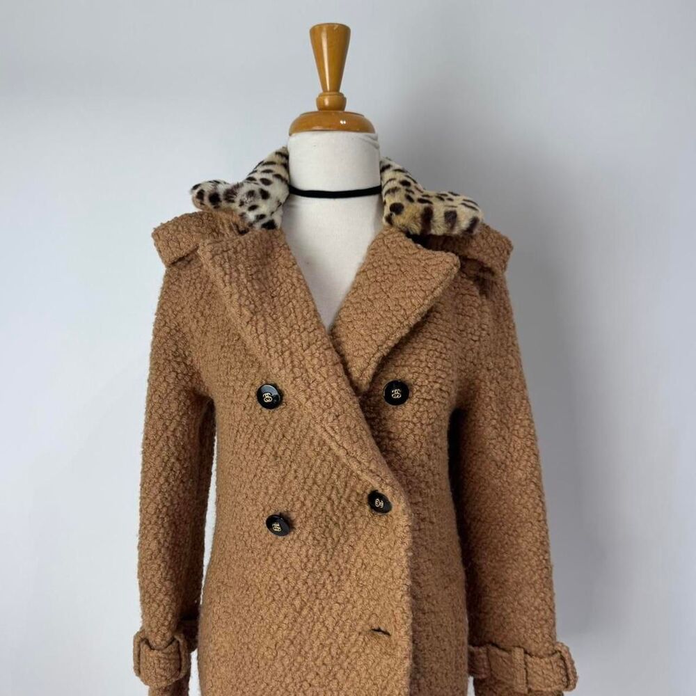 Stussy Vintage Y2K Brown Peacoat with Leopard Print Fur Collar